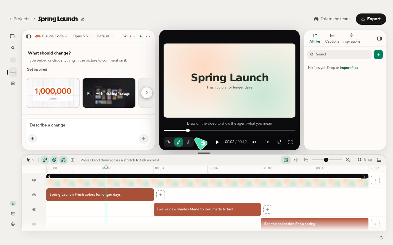 App HyperFrames Studio con el chat de Claude Code a la izquierda, la vista previa del video al centro y la línea de tiempo abajo