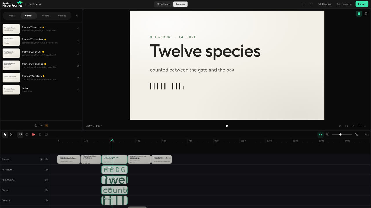 Studio de Hyperframes con la lista de escenas a la izquierda, la vista previa del video al centro y la línea de tiempo con capas abajo