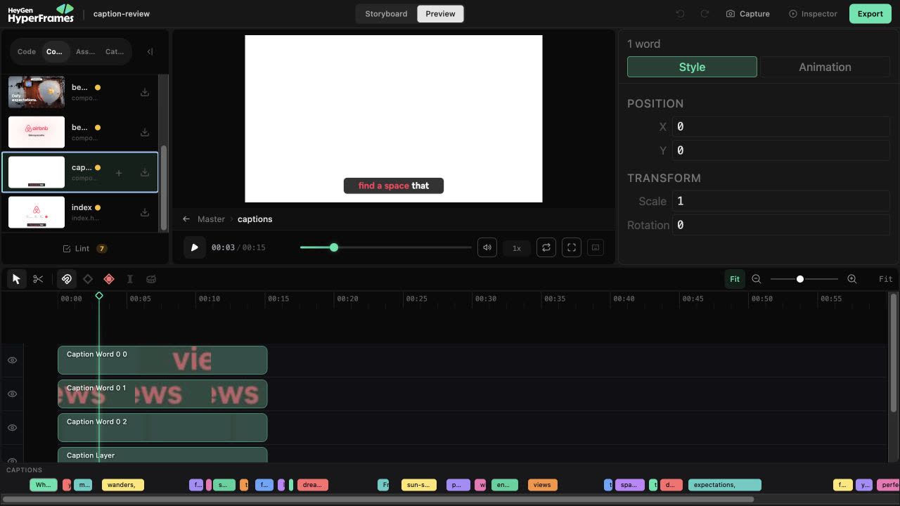 Panel de subtítulos en Studio con la palabra activa resaltada, la línea de tiempo con cada palabra y los controles de posición y escala